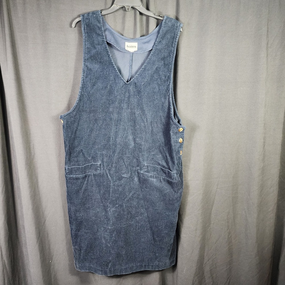 Vintage Hanes Navy Blue Corduroy Pinafore Jumper Dress Womens Large‎ V-Neck 90s